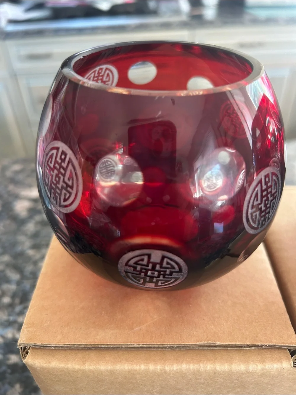RED  CUT GLASS SHOU  CHINESE VOTIVE HOLDERS SET OF 2 NWT